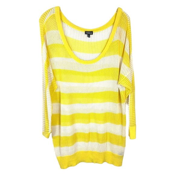 Torrid Plus Size 1X Sweater Yellow White Striped‎ Sheer Scoop Knit Pullover 948 - Picture 7 of 7